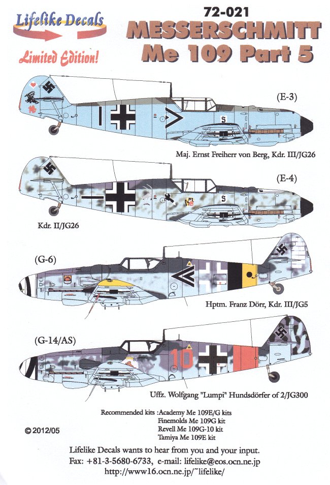 Lifelike 1/72 decal Messerschmitt Me 109 Pt 5 Academy FineMolds Revell Tamiya